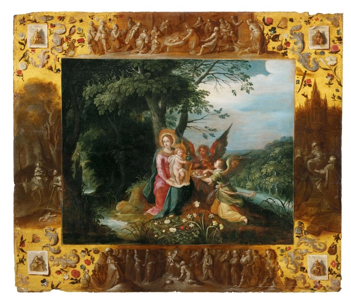La vergene col Bambino e angeli in cornice con scene